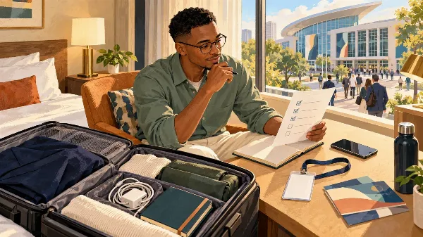 Illustration of a male attendee checking his conference packing list beside an open suitcase and a sunlit convention centre.