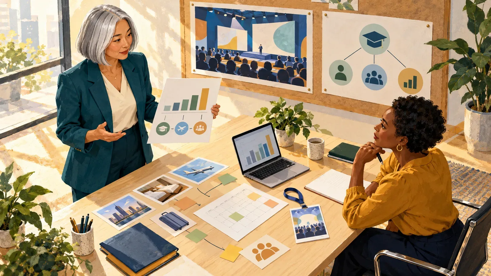 Illustration of a silver-haired professional presenting a conference funding proposal to her manager across a planning table.