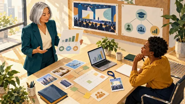 Illustration of a silver-haired professional presenting a conference funding proposal to her manager across a planning table.