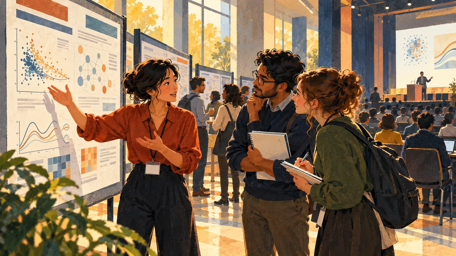 Illustration of researchers discussing charts and a poster during an AI research conference.